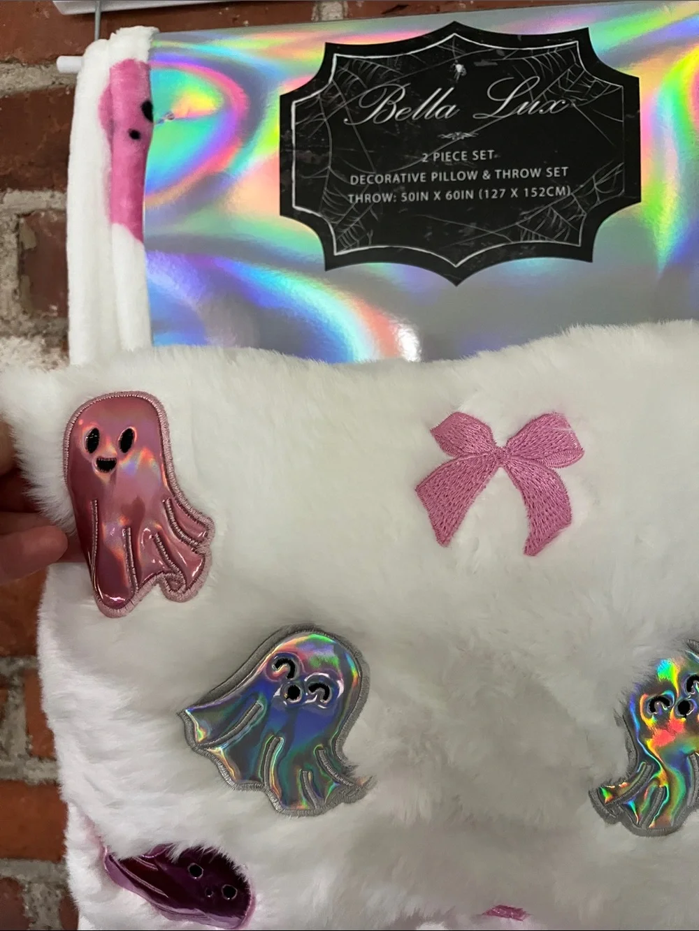 Bella Luxx White Faux Fur Kids Pillow & Throw Set with Pink Accents
